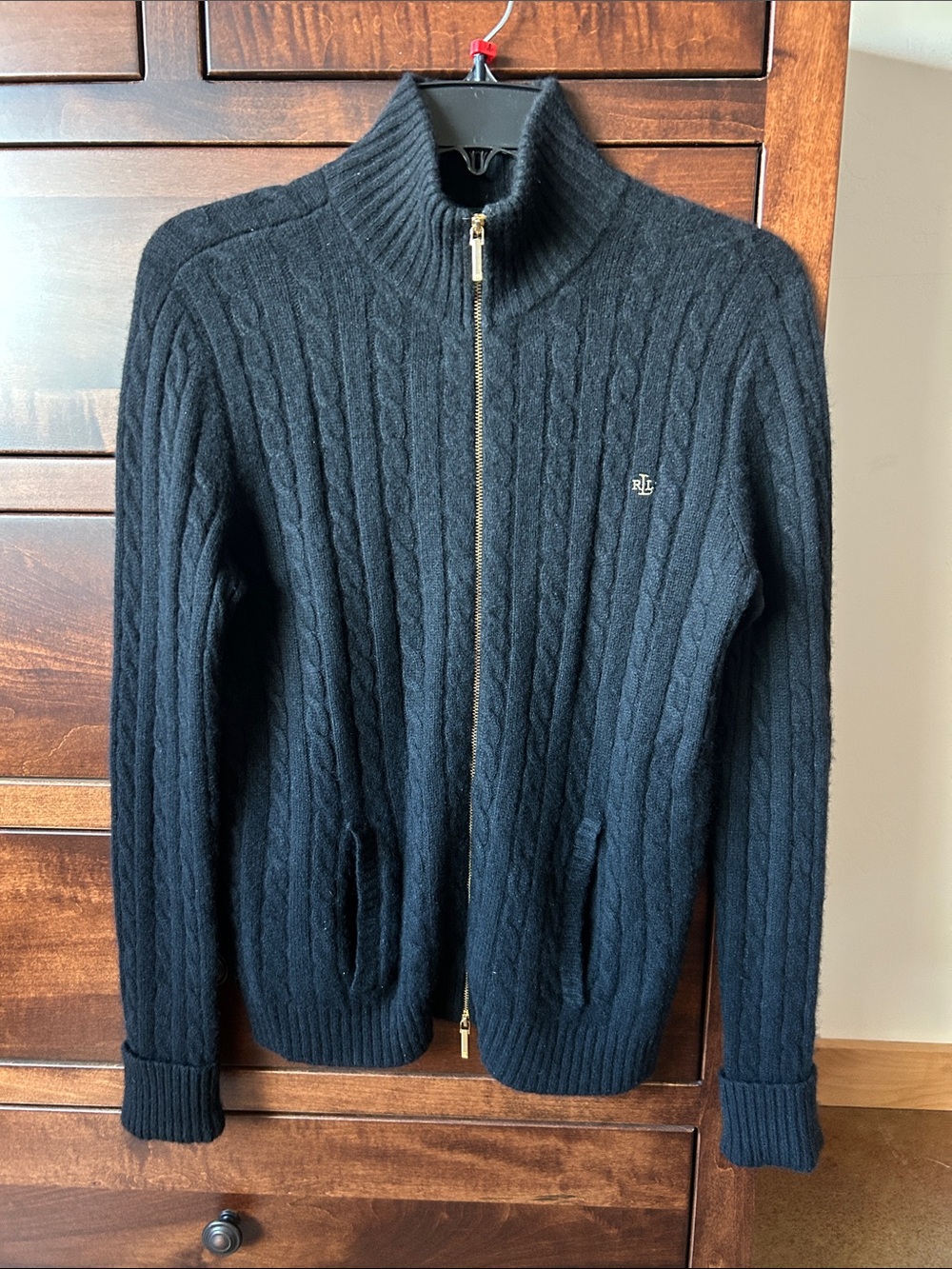 Ralph Lauren Black Cable-Knit Zip-Up Cardigan with Gold-Tone Zipper